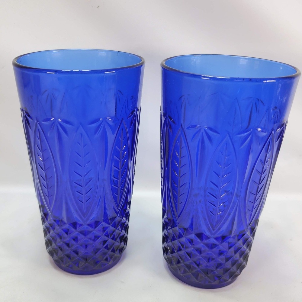Arcoroc Avon Cobalt Blue Palm Leaf Diamond Textured Glass‎ Tumblers Set 2 France